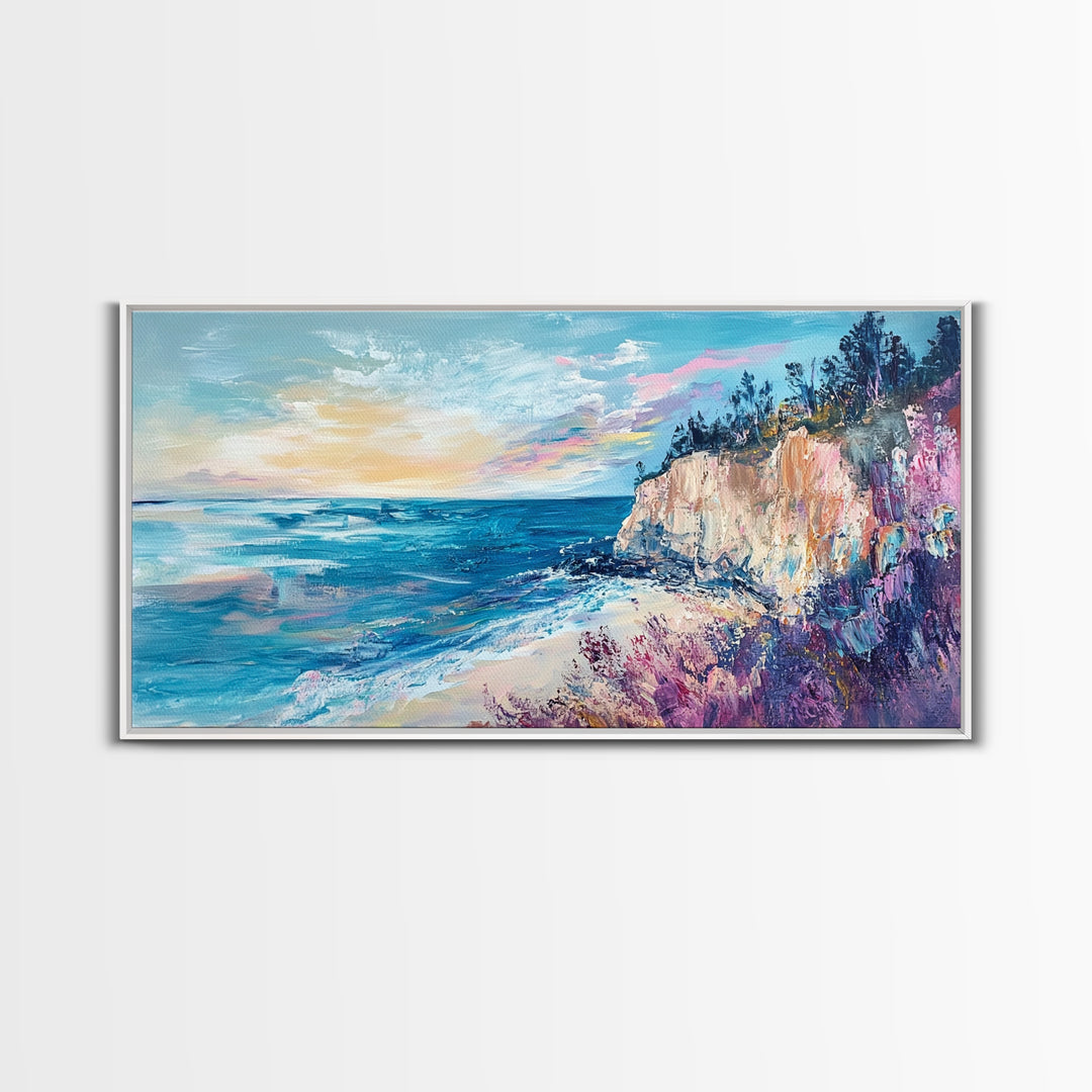 Coastal Cliffs, Sunset Ocean View, Seascape Wall Art, Coastal Landscape Art, Nautical Decor, Framed Canvas Print, Extra Wide Art