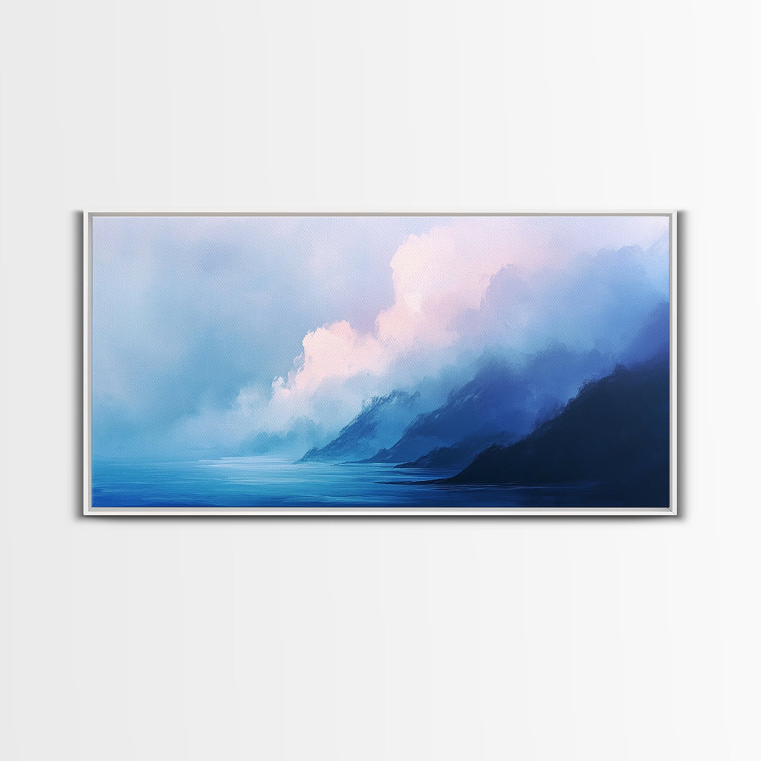 Blue Mountain Mist, Moody Landscape, Coastal Landscape Art, Minimalist Art, Extra Wide Art, Framed Canvas Print, Living Room Art