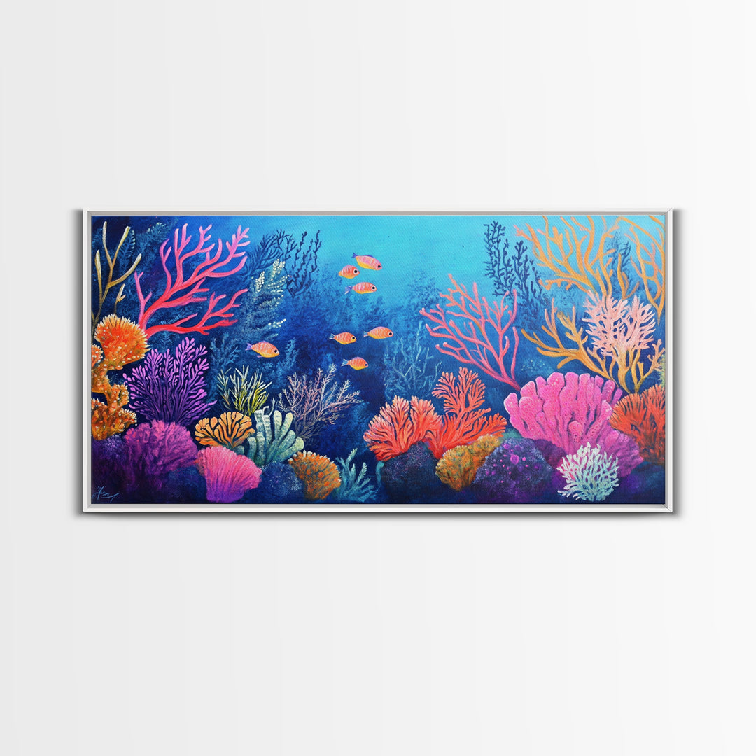 Coral Reef, ocean painting, whimsical art, koi fish painting, marine life art, vibrant wall art, coastal decor, Framed Canvas Print