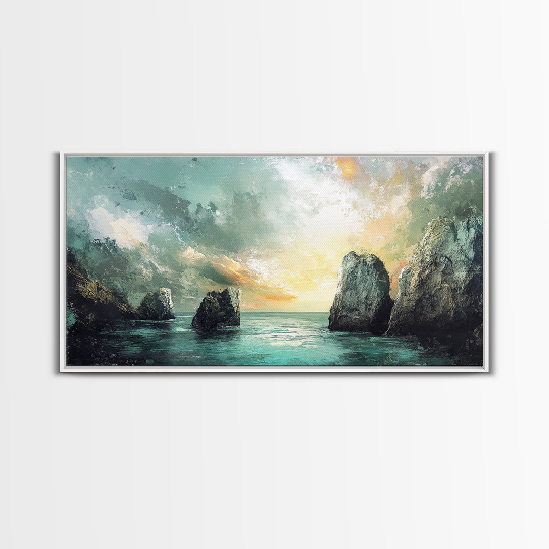 Ocean Cliffs, landscape painting, nautical wall art, moody art, wabi sabi art, extra wide art, textured art, Framed Canvas Print