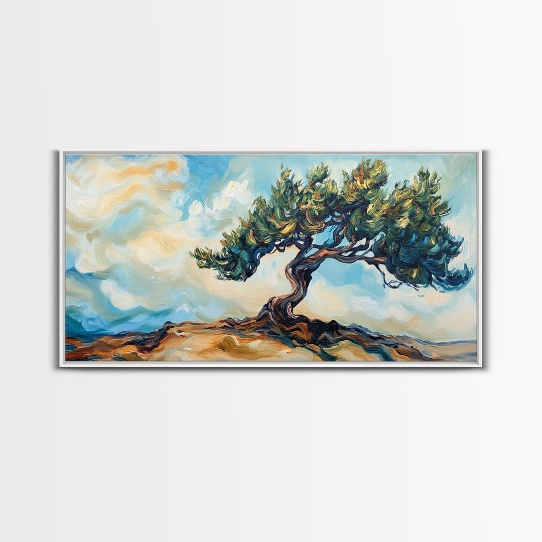 Oak Tree Art, Landscape Painting, Windy Tree Art, Wabi Sabi Art, Rustic Wall Art, Nature Wall Art, Living Room Art, Framed Canvas Print