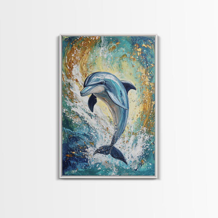 Dolphin, ocean painting, coastal wall art, nautical painting, framed canvas print, blue and green wall art, sea life decor