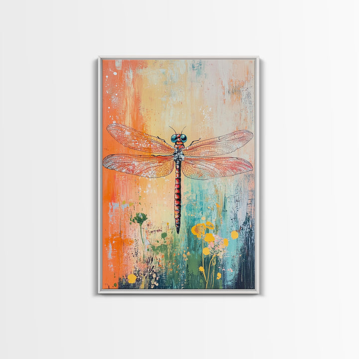 Dragonfly, botanical prints, whimsical art, light pink wall art, framed canvas print, nature art, boho decor, insect artwork