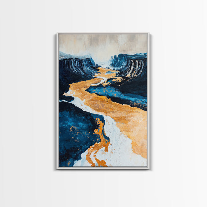 River, landscape painting, panoramic painting, wabi sabi art, framed canvas print, extra wide art, moody art, gold abstract art