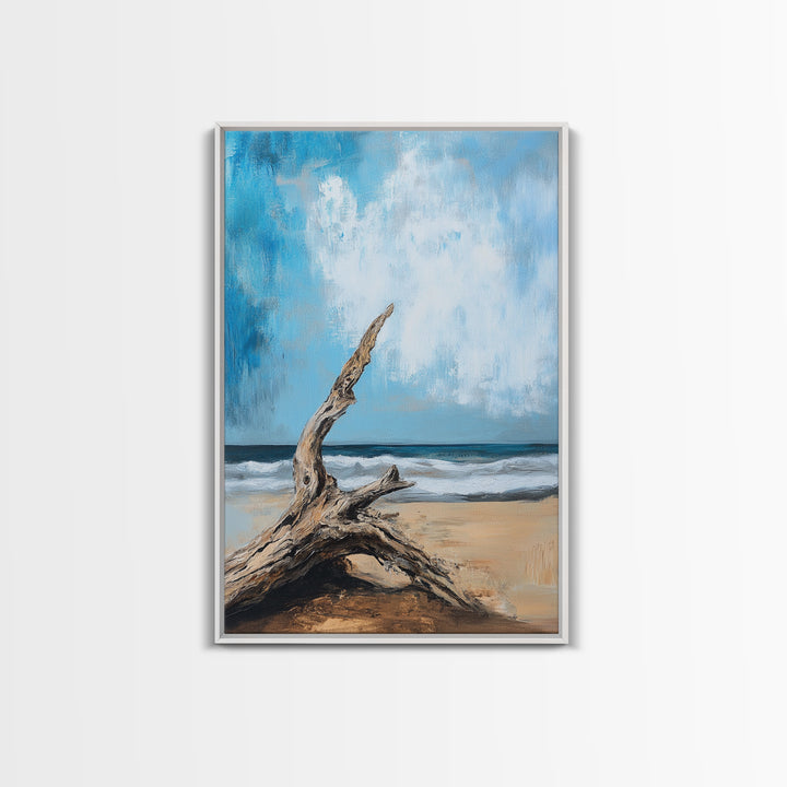 Driftwood, coastal landscape art, rustic decor, farmhouse art, framed canvas print, seascape painting, nautical decor, ocean art