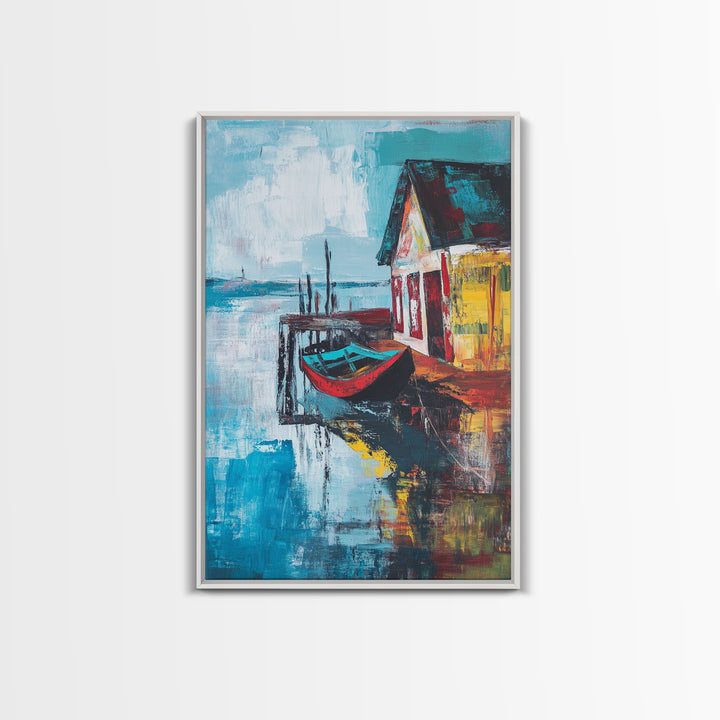 Rustic Boat Painting, Fishing Village Art, Coastal Landscape, Nautical Decor, Rustic Wall Art, Framed Canvas Print