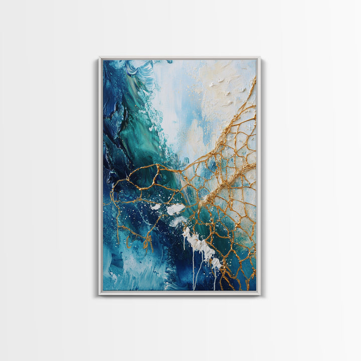 Abstract Ocean Painting, Coastal Wall Art, Blue and Gold Art, Nautical Decor, Contemporary Seascape, Canvas Print