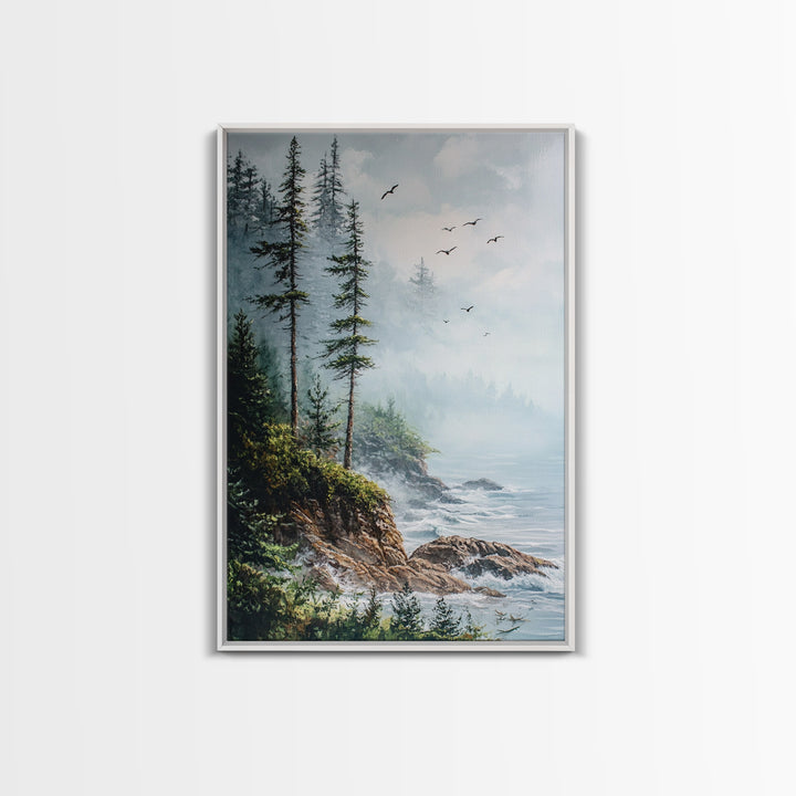 Coastal Cliff, ocean waves, pine tree art, landscape painting, coastal wall art, rustic decor, framed canvas print, nautical art