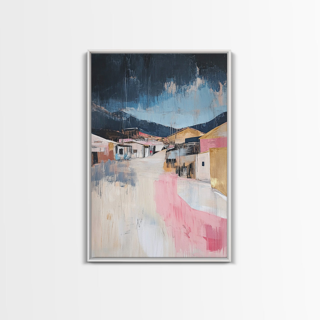 Desert Village, southwest wall art, moody art, warm tones, rustic decor, Joshua tree art, framed canvas print, abstract landscape