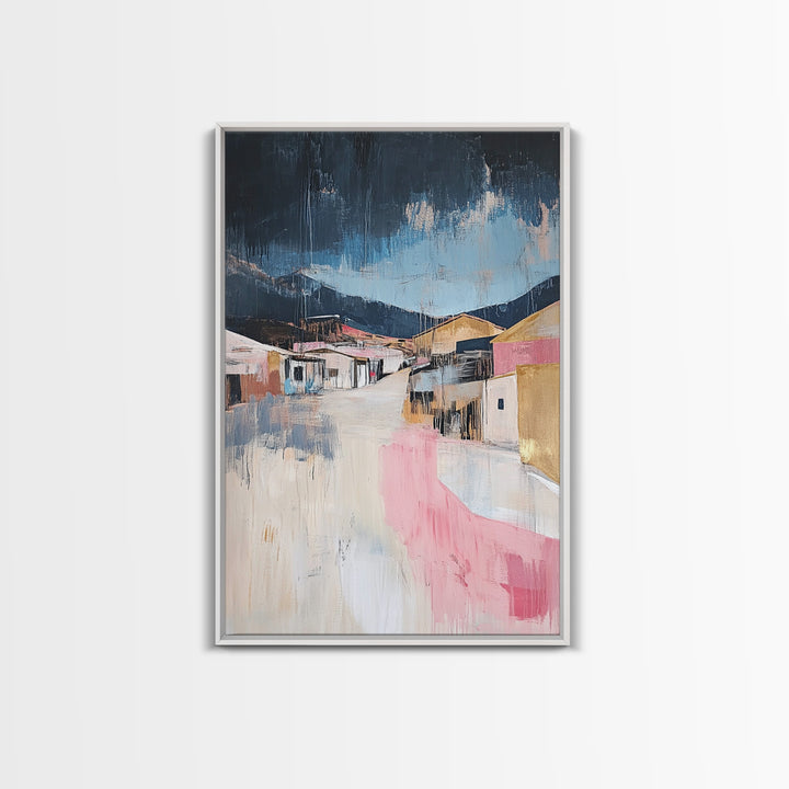 Desert Village, southwest wall art, moody art, warm tones, rustic decor, Joshua tree art, framed canvas print, abstract landscape