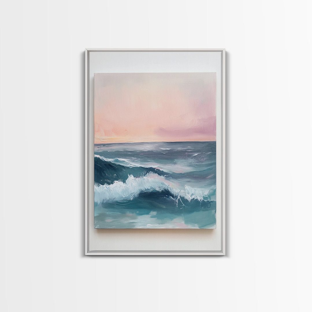 Ocean Sunset Waves, coastal decor, nautical painting, pink orange wall art, coastal landscape art, Canvas Print