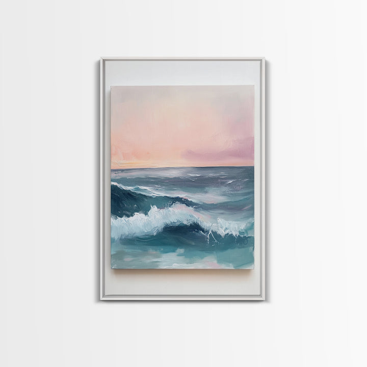 Ocean Sunset Waves, coastal decor, nautical painting, pink orange wall art, coastal landscape art, Canvas Print
