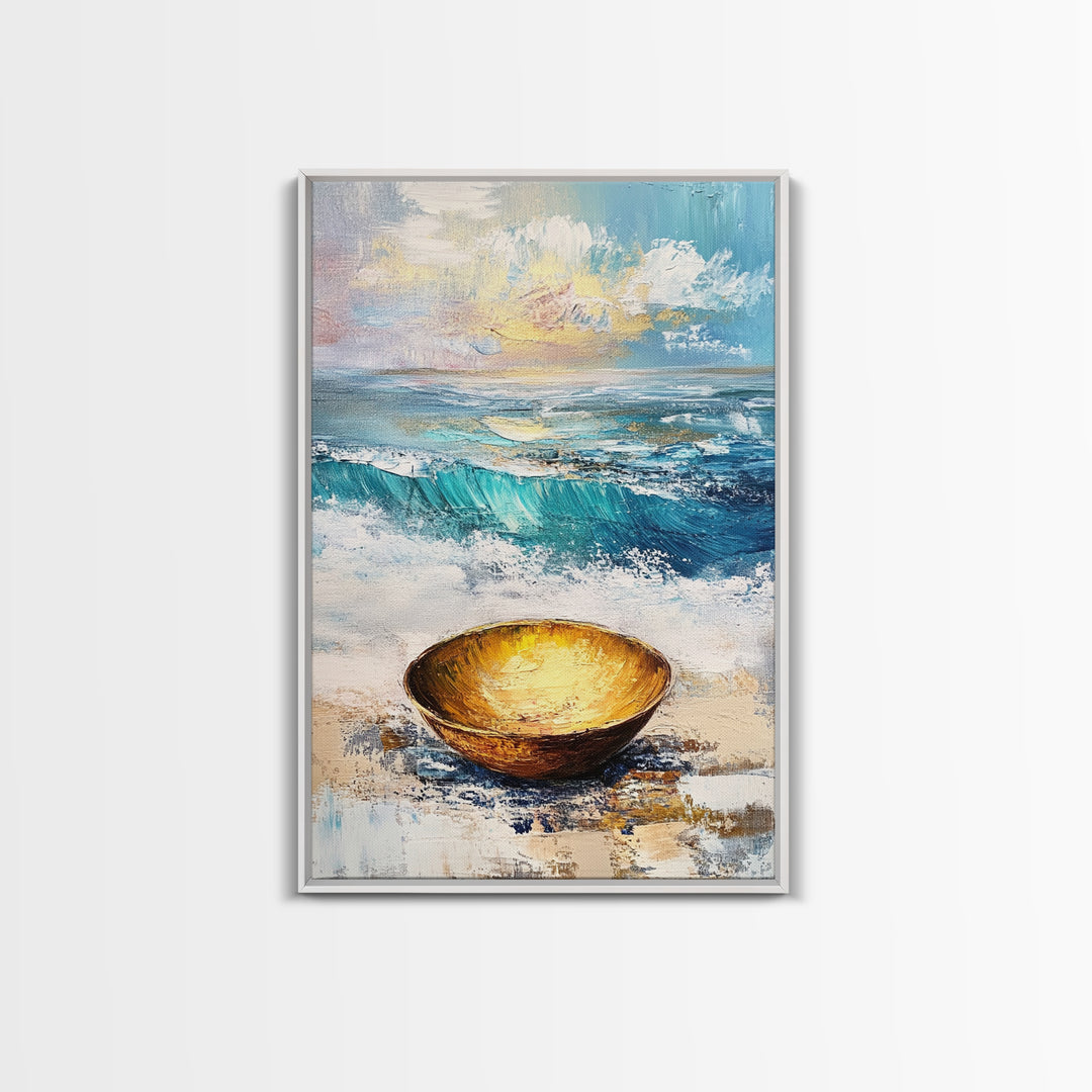 Ocean and Golden Bowl, coastal decor, nautical wall art, rustic wall art, abstract painting, seascape painting, Canvas Print