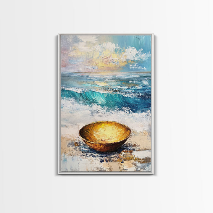 Ocean and Golden Bowl, coastal decor, nautical wall art, rustic wall art, abstract painting, seascape painting, Canvas Print