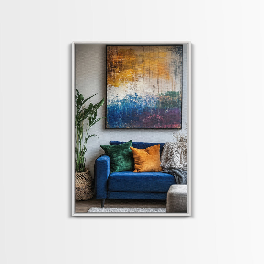 Abstract Color Drip, moody art, pink orange wall art, geometric wall art, bold living room art, Framed Canvas Print