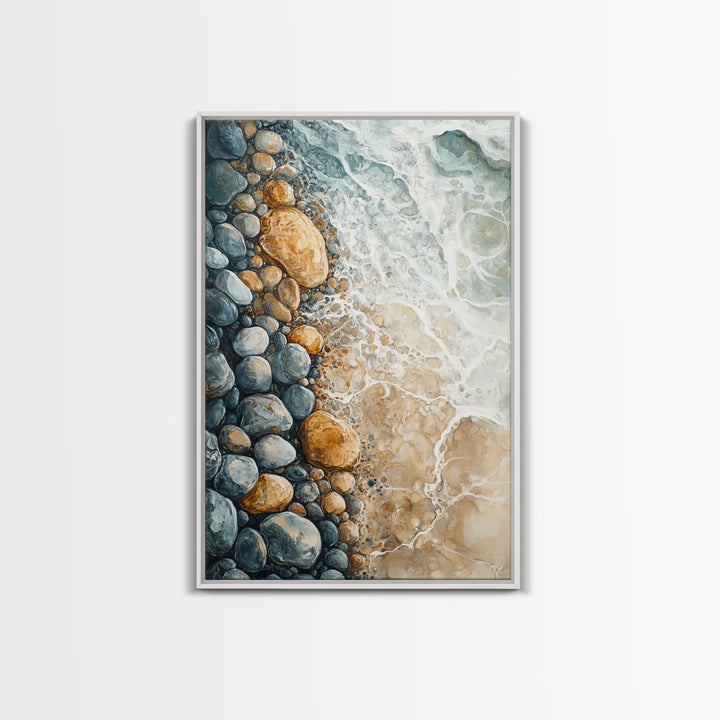 Ocean Shore Rocks, coastal wall art, surf wall art, beach house decor, nautical wall art, boho art, Framed Canvas Print