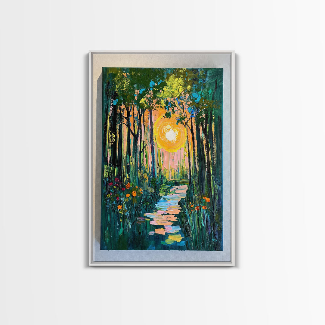 Forest Sunrise Path, wildflower painting, forest at dusk painting, wabi sabi wall art, whimsical art, Canvas Print