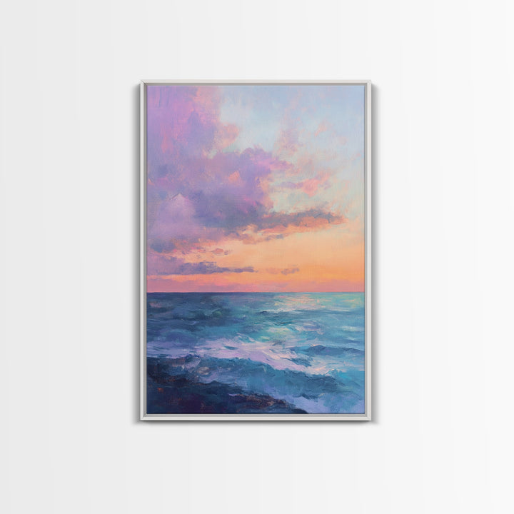 Ocean Sunset View, coastal landscape art, pink orange wall art, seascape painting, framed canvas print, bedroom art, nautical decor