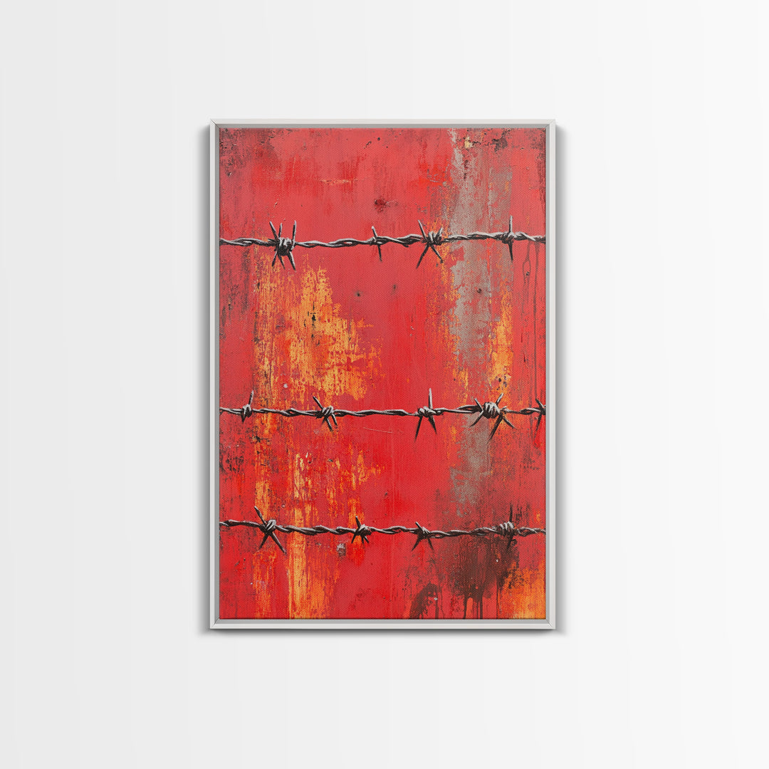 Barbed Wire, Chicano Art, Industrial Wall Art, Rustic Decor, Moody Art, Red Abstract Art, Framed Canvas Print, Gift Idea
