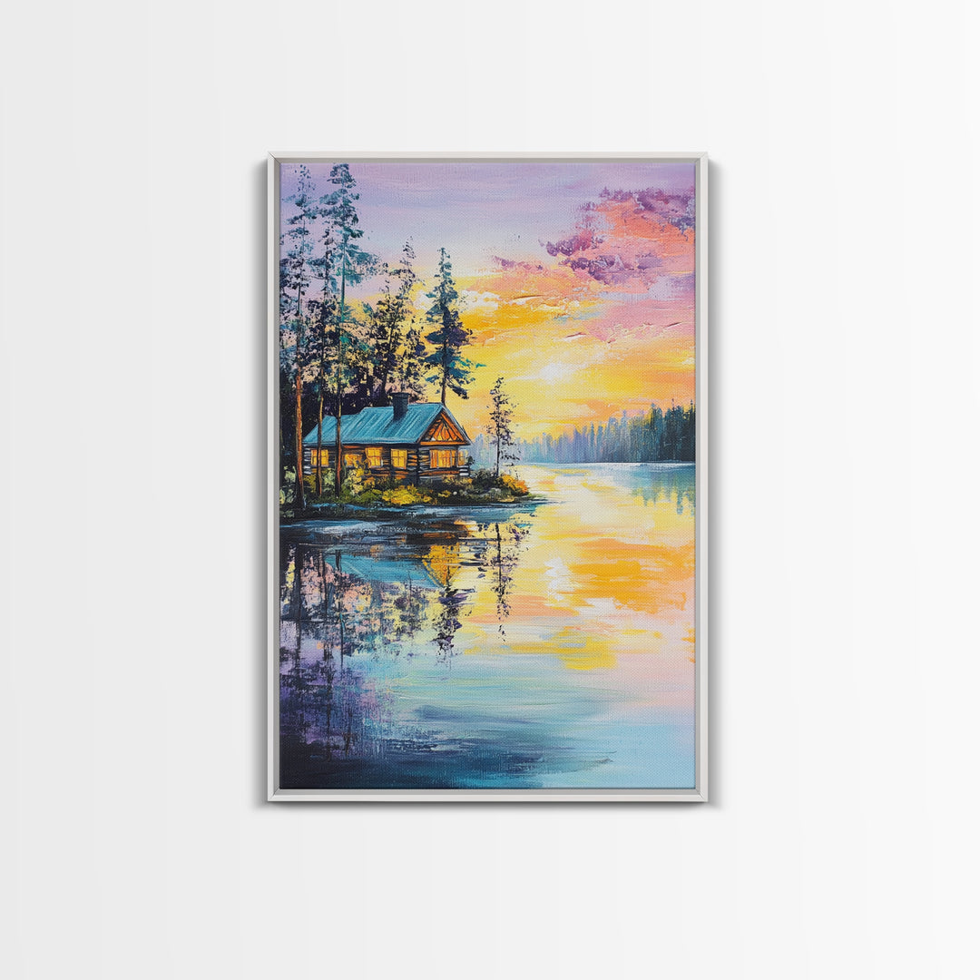 Cabin, Lake, Sunset, Framed Canvas Print, landscape painting, rustic wall art, above bed wall art, pine tree art, above sofa art