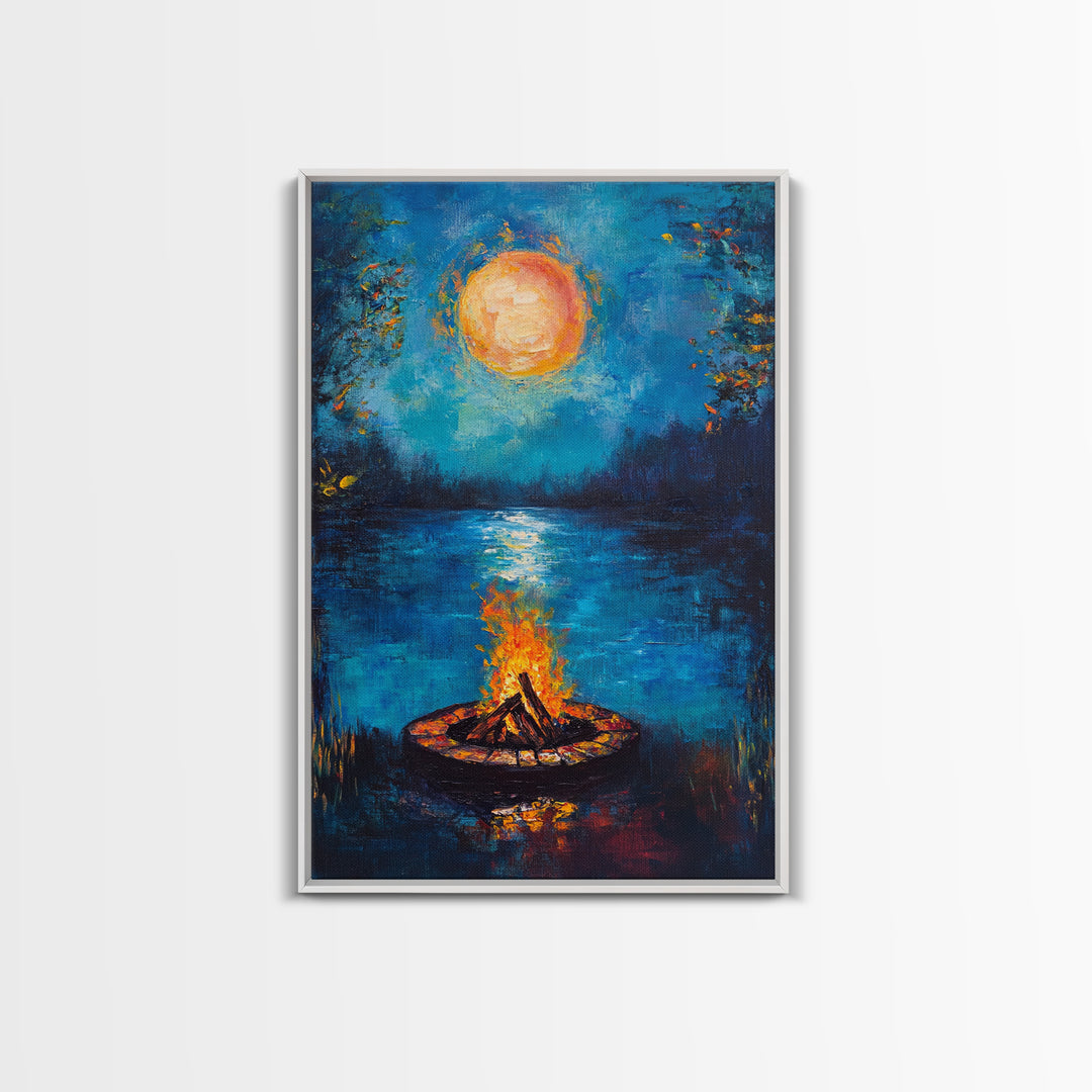 Campfire, Moonlight, Reflection, Framed Canvas Print, landscape painting, moody art, rustic wall art, blue and green wall art, bedroom art