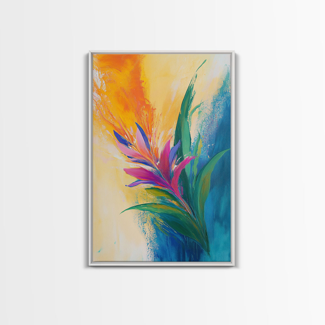 Bird of Paradise, Floral, Vibrant, Framed Canvas Print, botanical prints, tropical art, wildflower painting, boho art, pink orange wall art