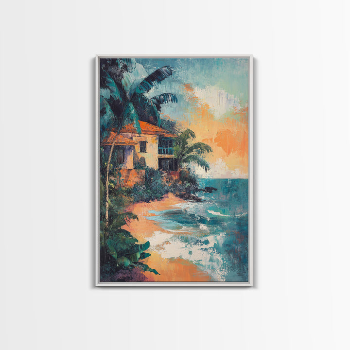 Coastal House, Tropical Art, Nautical Wall Art, Seascape Painting, Canvas Print, Palm Tree Art, Rustic Decor, Coastal Cowgirl Wall Art