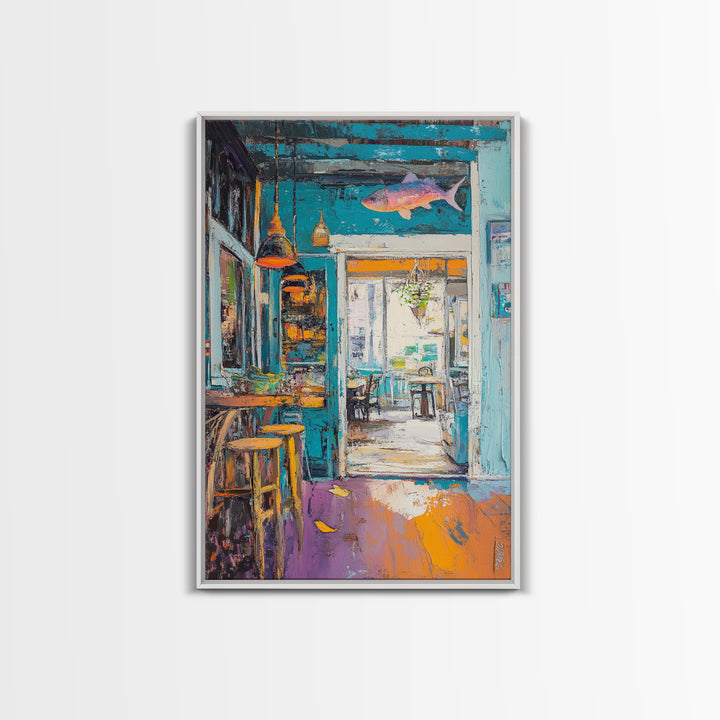 Rustic Bar Painting, Food Review Kitchen Art, Coastal Landscape Art, Canvas Print, Whimsical Art, Nautical Decor, Living Room Art