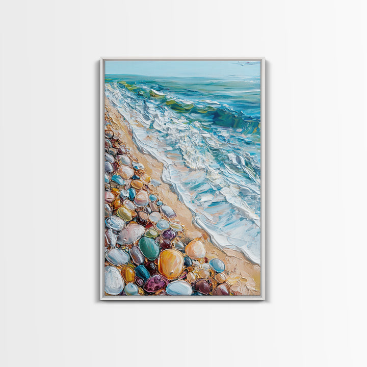 Ocean Shore, beach painting, coastal landscape art, nautical wall art, living room art, abstract seascape, framed canvas print