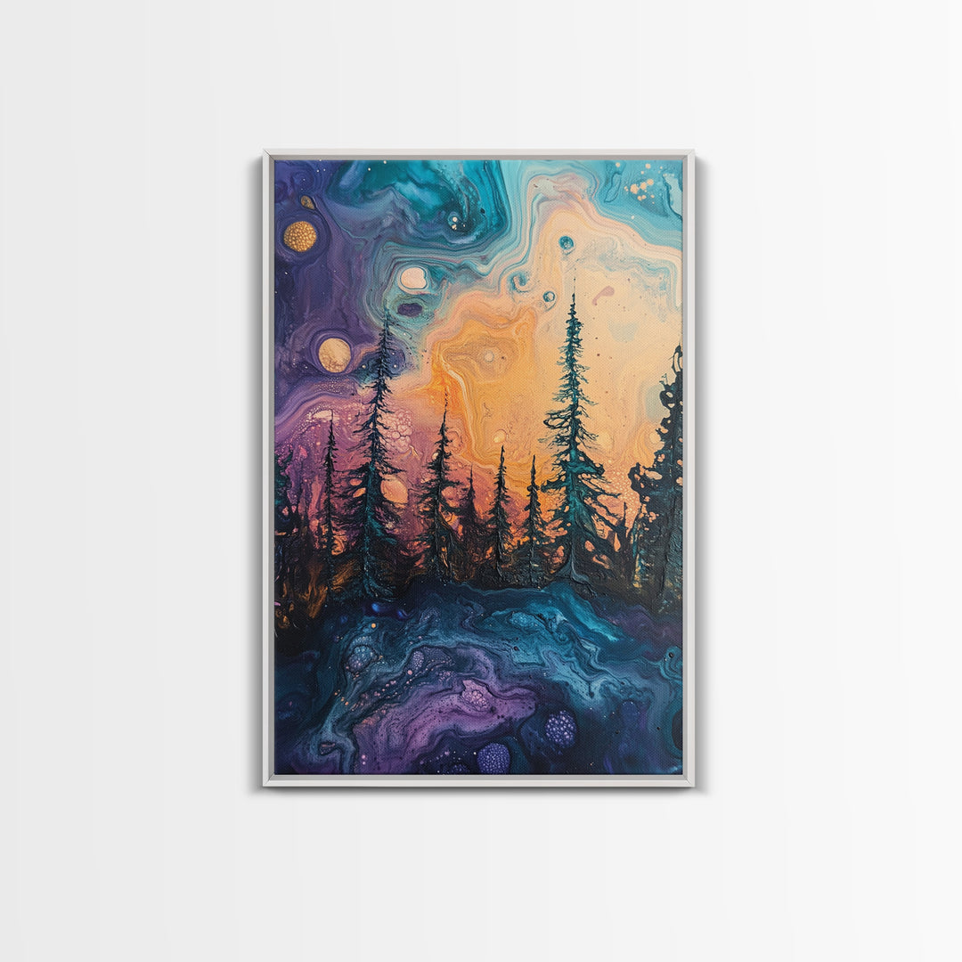 Cosmic Trees, forest at dusk painting, pine tree art, fantasy landscape, moody art, celestial wall art, mystical art, canvas print