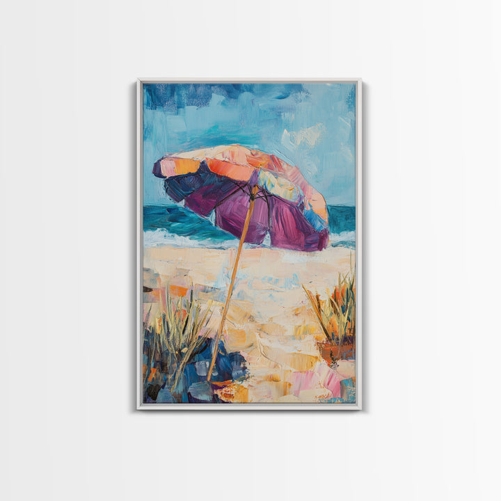 Beach Umbrella, Coastal Wall Art, Seascape Painting, Nautical Decor, Ocean Painting, Coastal Landscape Art, Framed Canvas Print