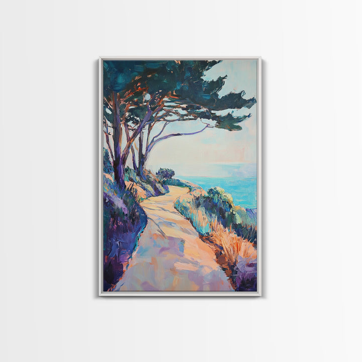 Ocean Cliff Path, coastal landscape art, pine tree art, rustic wall art, blue and green wall art, framed canvas, above bed wall art