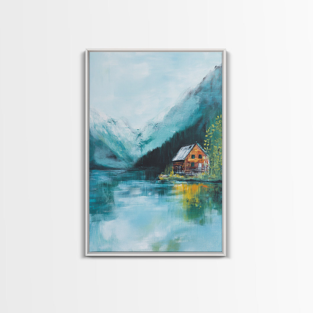 Cabin by Lake, lake Tahoe art, mountain painting, rustic wall art, bedroom art, nature wall art, framed canvas print, home decor