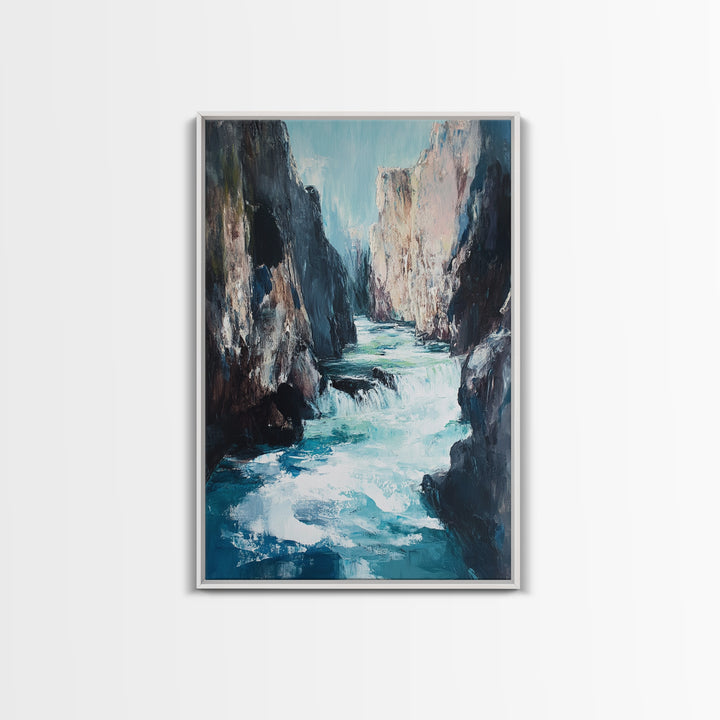 Rocky Waterfall, Moody Landscape, Canvas Print, Nature Painting, Rustic Decor, Adventure Art, Southwest Wall Art, Tall Narrow Art