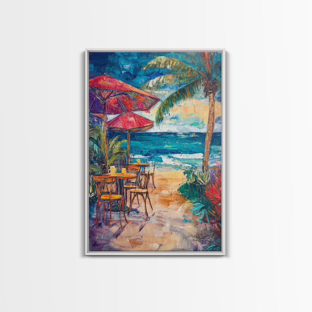 Beach Café, Coastal Landscape Art, Nautical Wall Art, Ocean Art, Seascape Painting, Coastal Decor, Canvas Print, Above Sofa Art