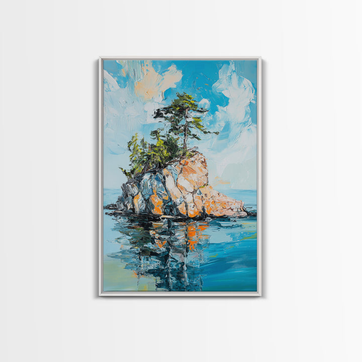 Rocky Island, Nature Painting, Canvas Print, Coastal Landscape Art, Ocean Wall Art, Nautical Decor, Living Room Art, Gift Idea