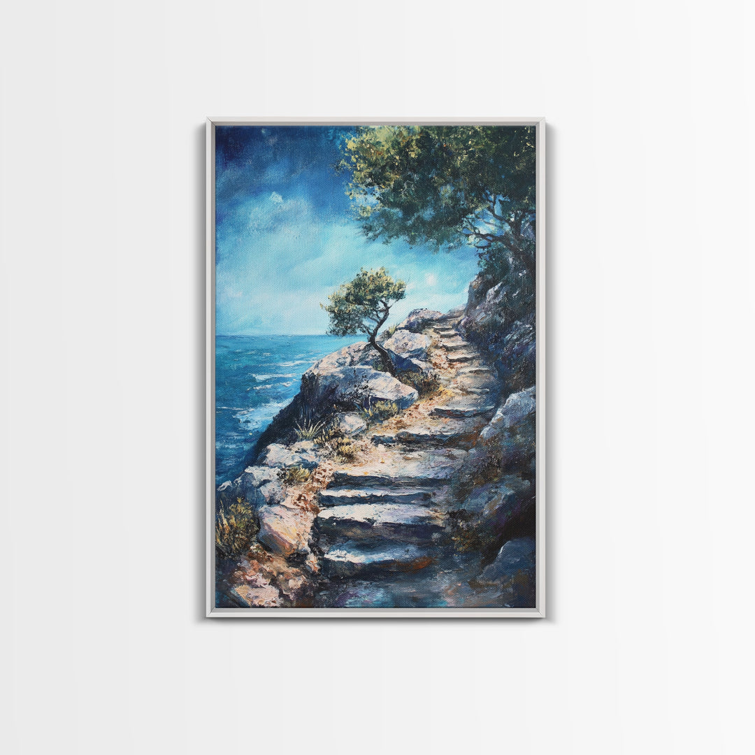 Rocky Path, Seaside Painting, Canvas Print, Coastal Landscape Art, Nautical Wall Art, Rustic Art, Above Bed Wall Art, Gift Idea
