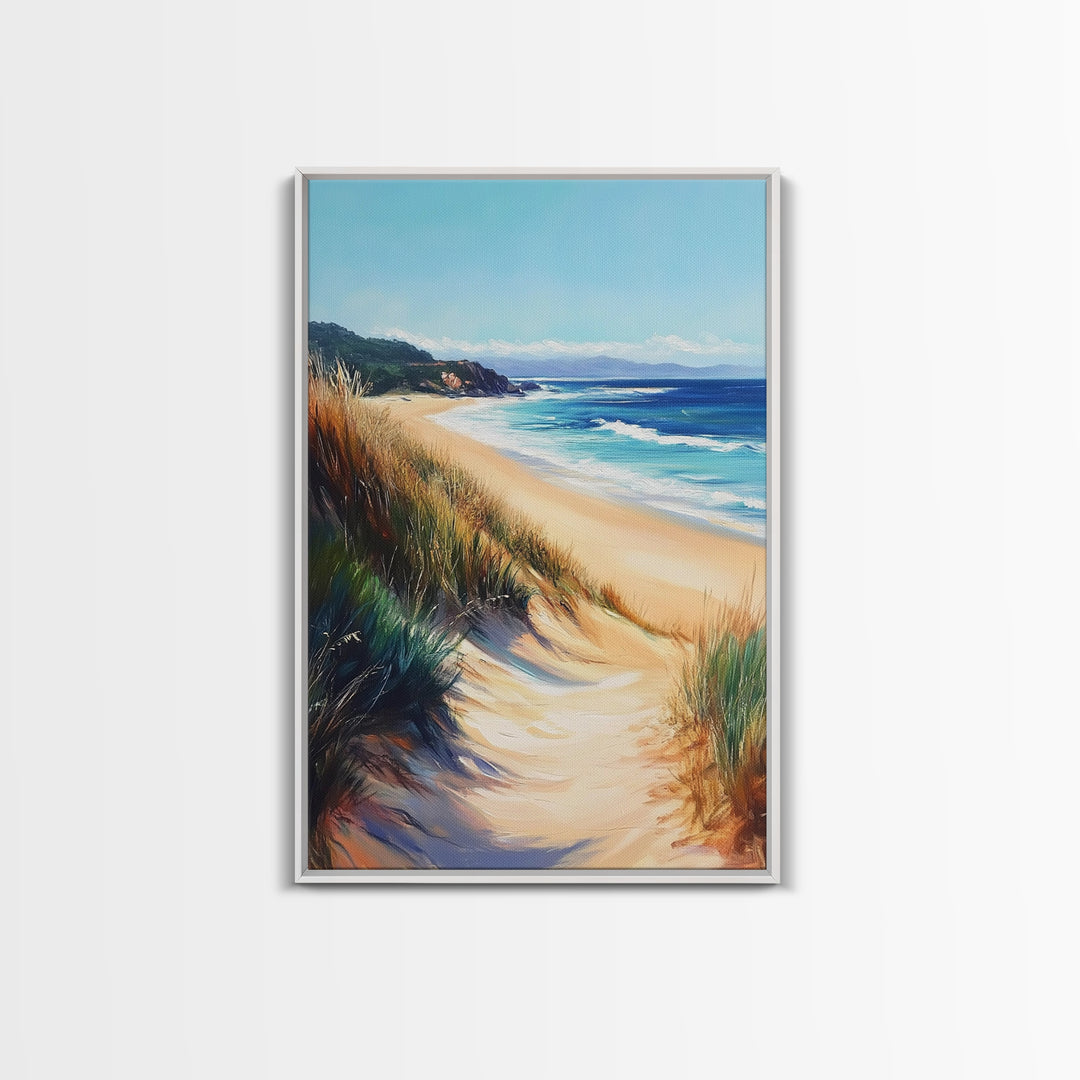 Coastal Sand Dunes Framed Canvas Print Serene Beach Painting, Ocean Landscape Wall Art, Relaxing Bedroom Decor, Nautical Home Style