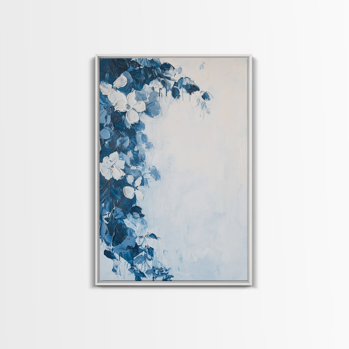 Blue Floral Framed Canvas Print Modern Botanical Wall Art, Minimalist Flower Painting, Elegant Bedroom Decor, Contemporary Art Gift
