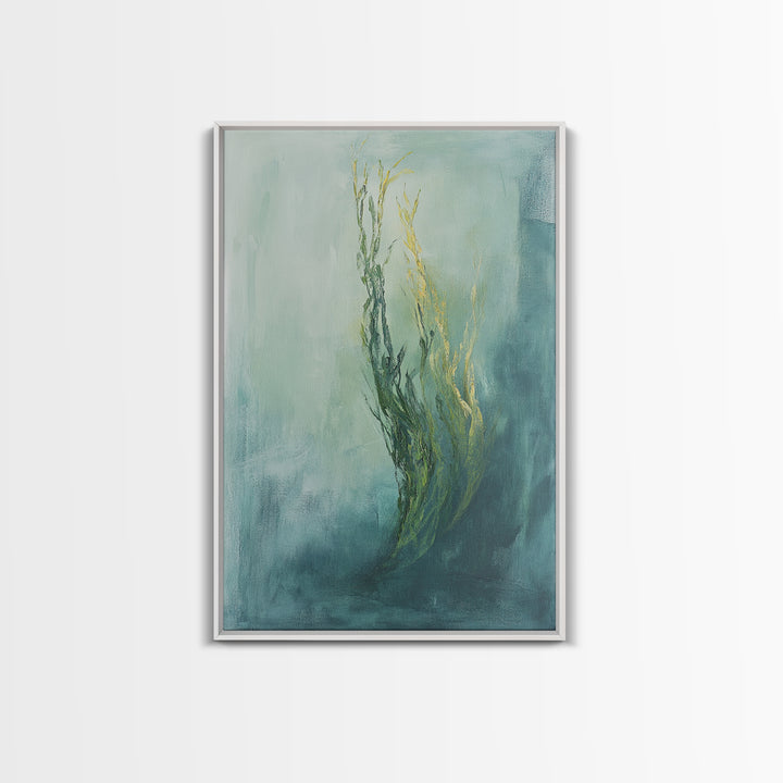 Abstract Seaweed Framed Canvas Print Minimalist Ocean Art, Coastal Botanical Wall Decor, Blue Green Seaside Painting, Serene Home Style