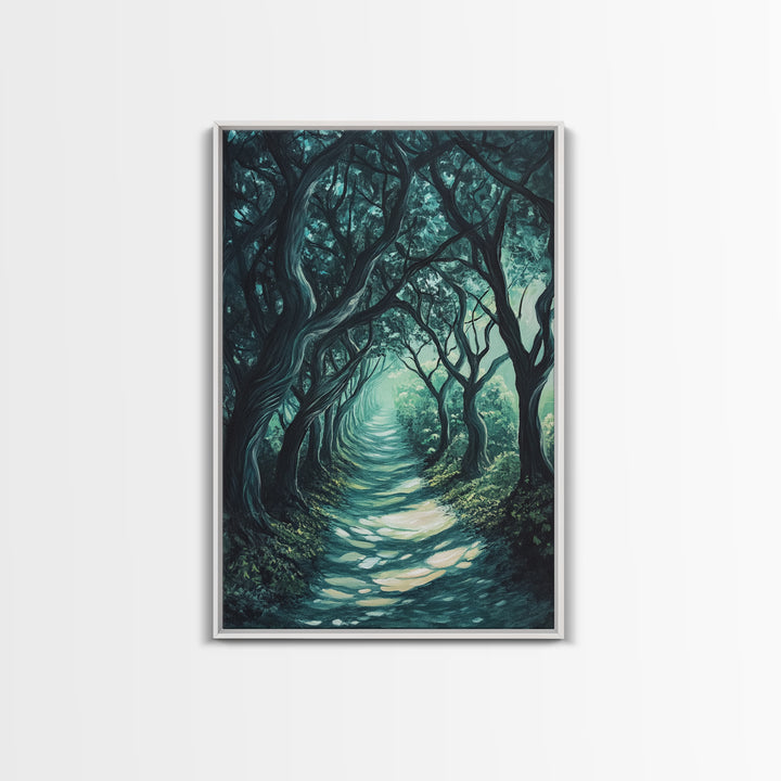 Mystical Tree Tunnel Framed Canvas Print Enchanted Forest Art, Fantasy Landscape, Dark Green Nature Decor, Living Room Wall Art