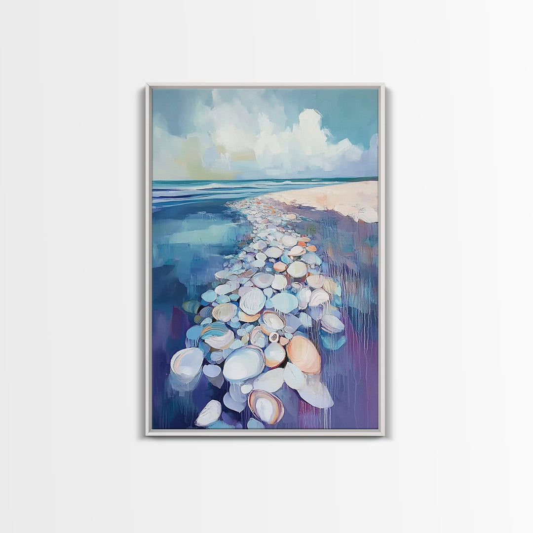 Coastal Shell Path Framed Canvas Print Beach House Decor, Nautical Ocean Art, Seaside Aesthetic, Living Room Coastal Wall Art