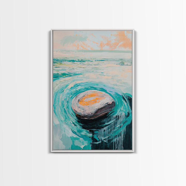 Ocean Rock Waves Canvas Print Coastal Wall Art, Beach House Decor, Abstract Seascape Painting, Nautical Art, Modern Minimalist Art