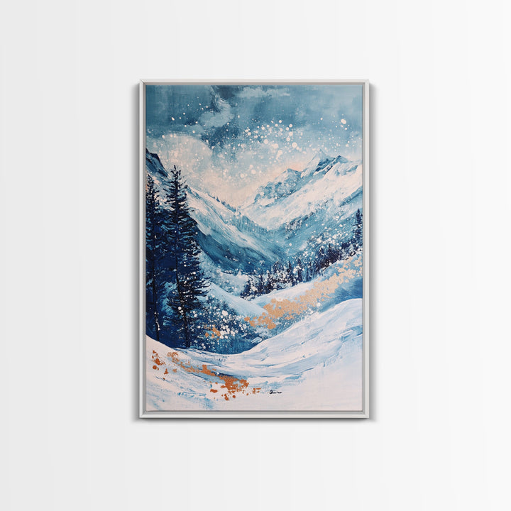 Blue Winter Wonderland Canvas Print Snowy Mountain Art, Nordic Landscape Painting, Ski Lodge Wall Decor, Christmas Holiday Artwork