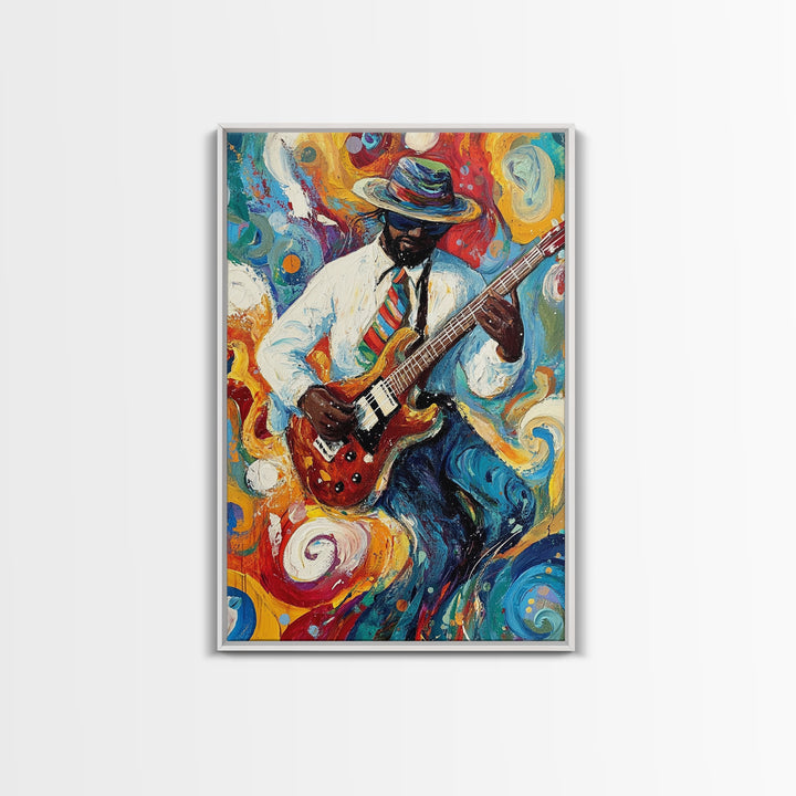 Abstract Jazz Musician Framed Canvas Print, Colorful Jazz Art, Music Wall Art, Living Room Art, Vibrant Musician Painting, Eclectic Art