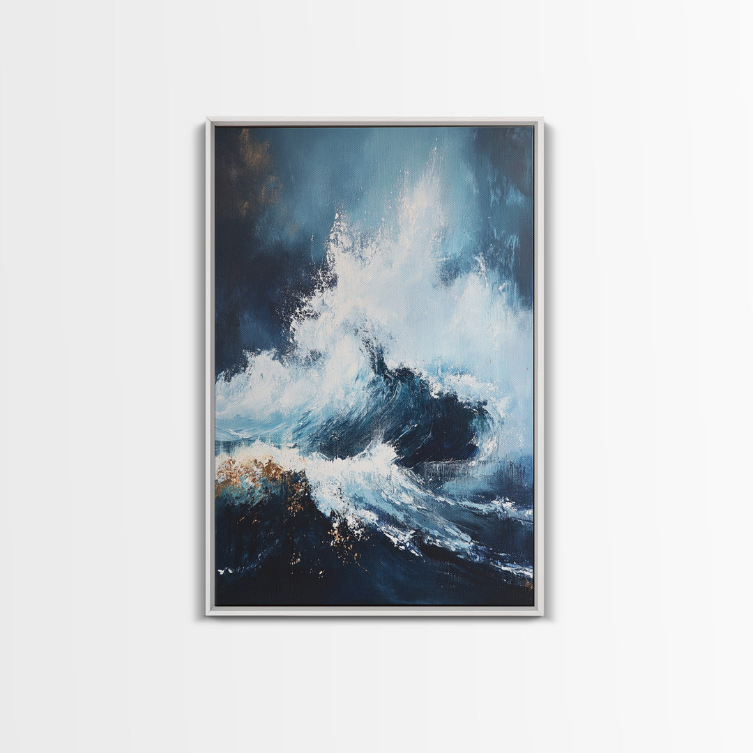 Ocean Wave Power Framed Canvas Print, Coastal Wall Art, Abstract Seascape Painting, Nautical Decor, Beach House Art, Modern Ocean Art