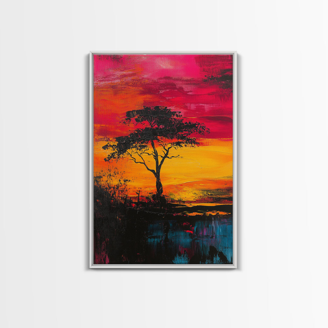 African Sunset Framed Canvas Print | Savanna Landscape Painting | Tree Silhouette Wall Art | Warm Sunset Decor | Rustic Home Art