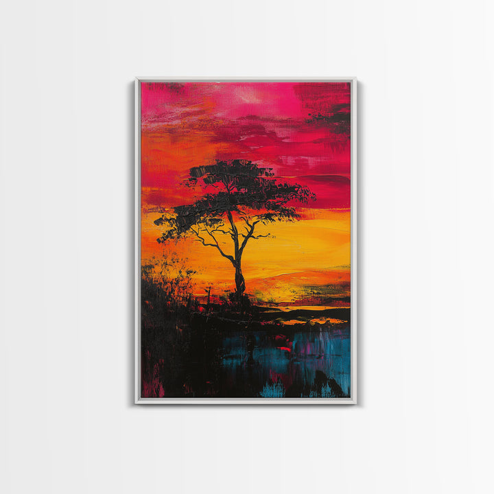 African Sunset Framed Canvas Print | Savanna Landscape Painting | Tree Silhouette Wall Art | Warm Sunset Decor | Rustic Home Art