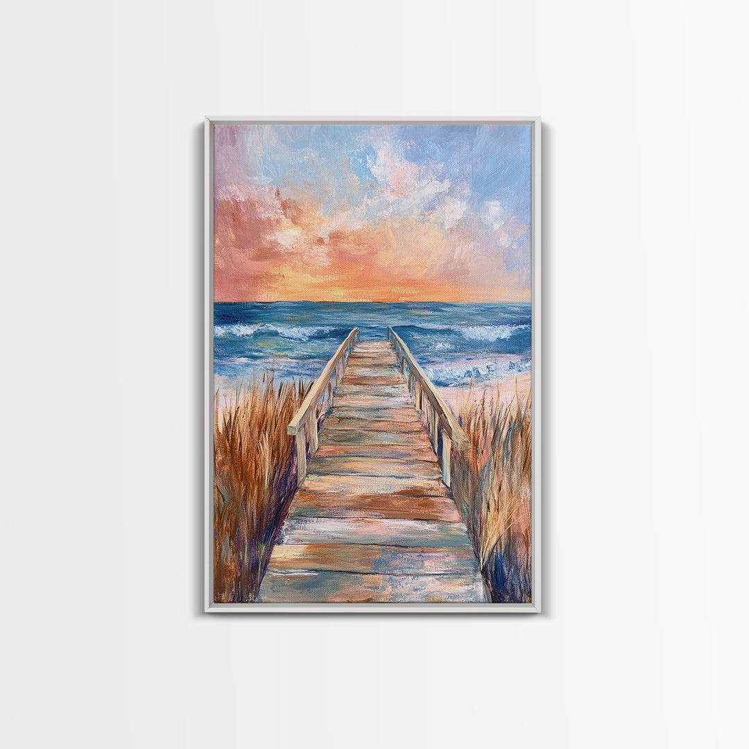 Coastal Sunset, Beach Boardwalk, Seascape Painting, Nautical Wall Art, Coastal Decor, Living Room Art, Canvas Print, Gift Idea
