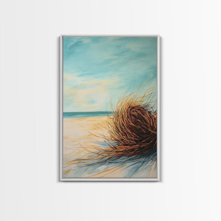 Beach Tumbleweed Painting Framed Canvas Print Coastal Wall Art Ocean Sand Decor Minimalist Art Boho Beach House Wall Accent